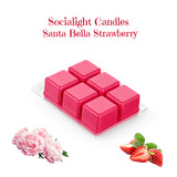 Pink wax melts in a clear container with floral and strawberry graphics, labeled 'Socialight Candles Santa Bella Strawberry'.