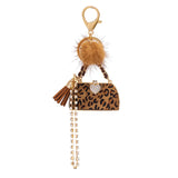 Fashion Leopard Print Mink Fur Ball Handbag Keychains Charm