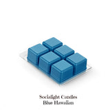 Socialight Candles - Blue Hawaiian begins with mouth-watering top notes of juicy orange, lemon, and maraschino cherries; followed by tangy pineapple, acai berry, and sea spray; well rounded with base notes of sweet coconut, vanilla rum, and fresh ozonic notes. 
